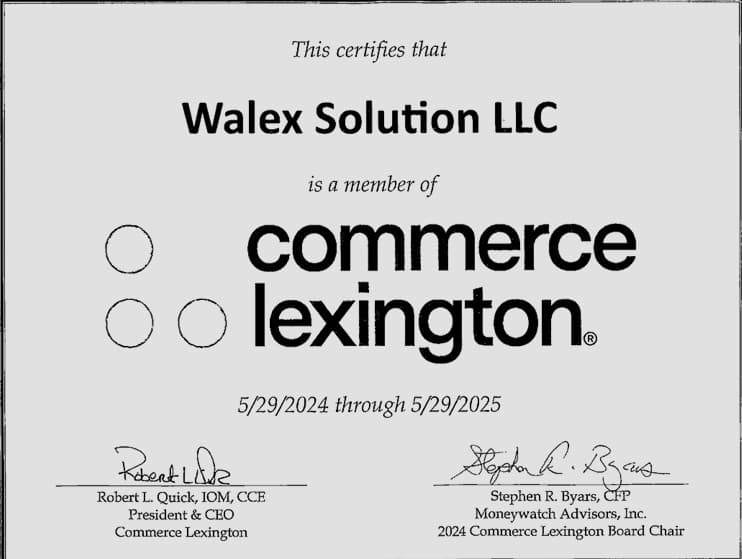 Walex Solution — Commerce Lexington membership certificate